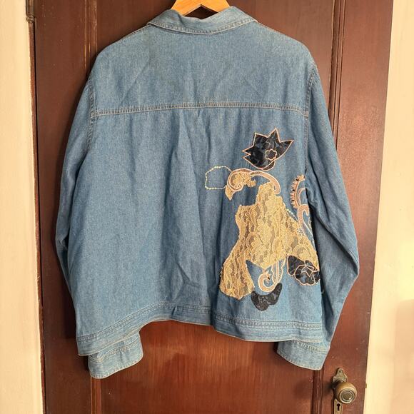 90s Vintage FLORISSANT | Denim Jacket with Lace Applique and sequins | 2XL - Picture 2 of 6